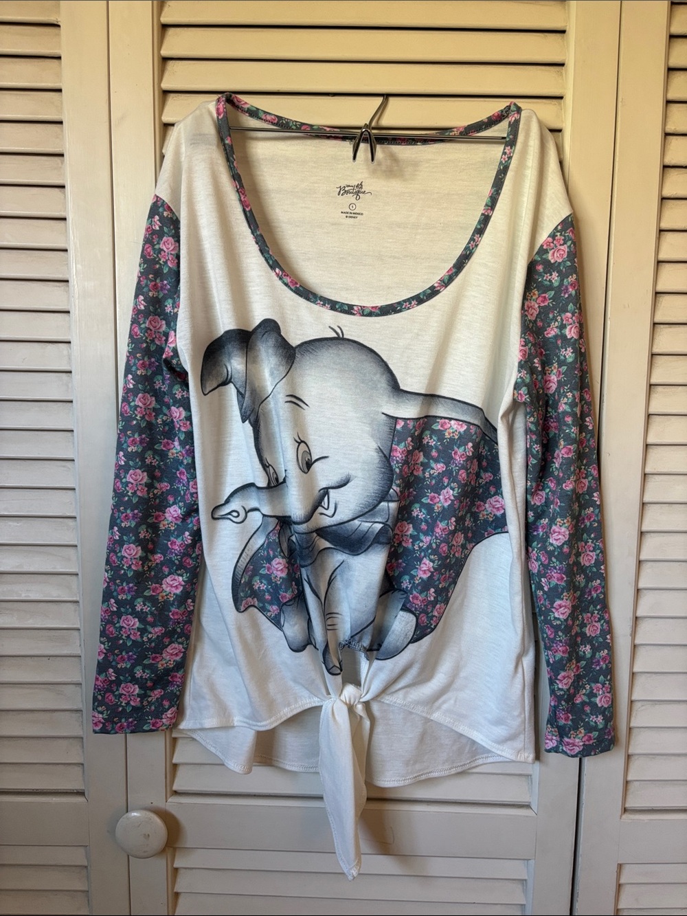 Disney Dumbo Tie-Front 3/4 Sleeve Top with Pink Floral Sleeves